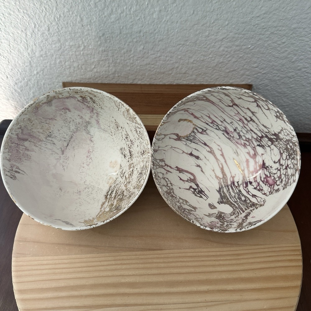 Sascha Brastoff Surf Ballet Bowls Footed Mid Century Modern Gold Marble Pair 2